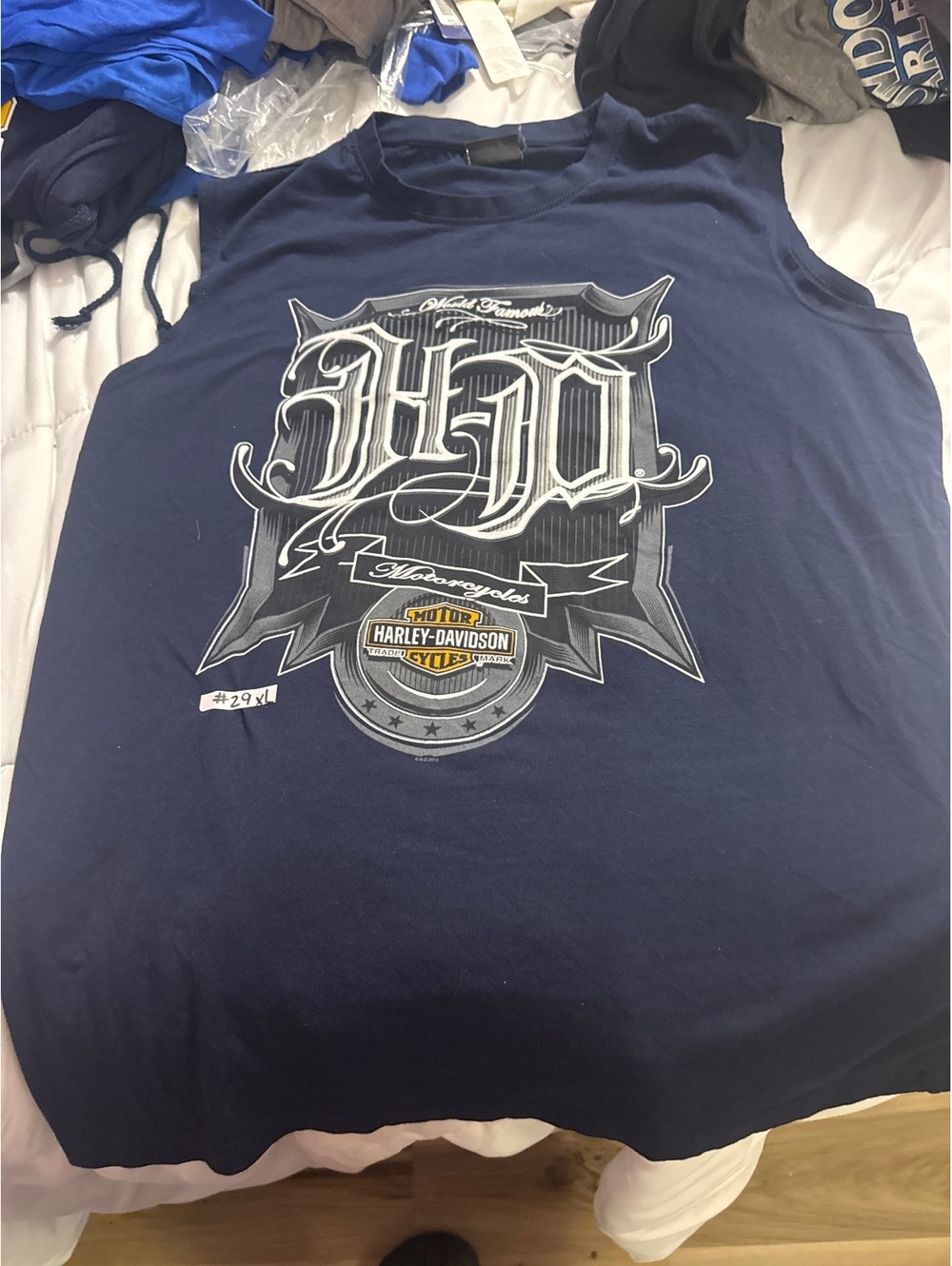 Harley-Davidson Navy Blue Sleeveless T-Shirt with Front and Back Graphics